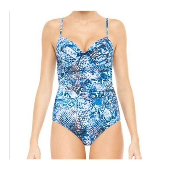 SPANX Blue Python BRA LLELUJAH Bathing 1 pc Swim Suit sz 10B/C - Picture 1 of 5